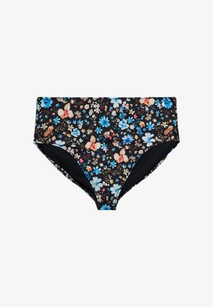 Černé bikiny s vysokým pasem, spodní díl s vícero barevným květinovým a motýlím vzorem v modrých, bílých, oranžových a růžových tónech.