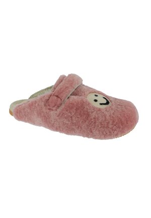 Pink fuzzy slipper with a rounded shape, Velcro strap, and playful smiley face design. Soft texture with a rubber sole for grip.