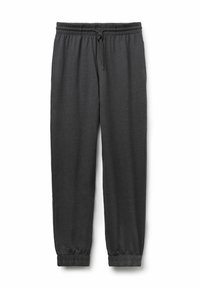 Dunkelgraue Jogginghose aus weichem Material. Mit elastischem Bund und Kordelzug sowie ribbedelastischen Bündchen an den Knöcheln.