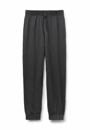 Pantalones de chándal gris oscuro hechos de una tela suave. Cuentan con una cintura elástica con cordón y puños acanalados en los tobillos.