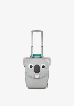 Grauer Rollkoffer mit einem Koala-Gesichtdesign. Hat große Augen, rosa Ohren und eine schwarze Schnauze. Strukturierter Stoff, ausziehbarer Griff.