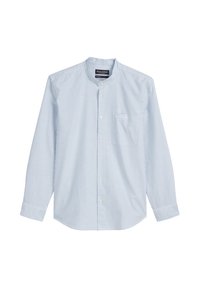Camicia a maniche lunghe a righe blu chiaro con colletto a banda, tasca anteriore e chiusura con bottoni; realizzata in tessuto morbido con una consistenza liscia.
