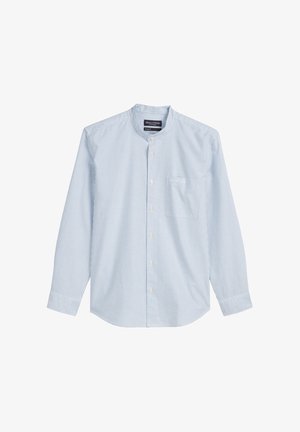 Lichtblauw gestreepte lange mouwen shirt met een bandkraag, een voorkant pocket en knoopsluiting; gemaakt van zachte stof met een gladde textuur.