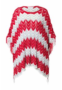 Poncho a righe rosse e bianche con motivo a zigzag, corpo a trama aperta, bordi frangiati e scollatura ampia. Materiale lavorato a maglia leggero.
