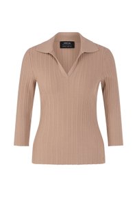 Beiges, geripptes, langärmeliges Stricktop mit tiefem V-Ausschnitt und Kragen, figurbetonter Silhouette und kleinem Logostick am Saum.