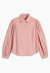Chemise rose clair à manches longues avec un devant à boutons, des manches bouffantes et un col classique. Fabriquée en tissu coton texturé.