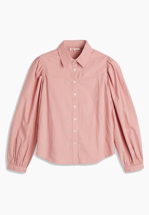Lichtroze blouse met lange mouwen, met knoopsluiting aan de voorkant, opgeblazen mouwen en een klassieke kraag. Gemaakt van gestructureerde katoen stof.