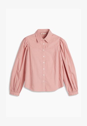 Light pink long-sleeve shirt with a button-down front, puffed sleeves, and a classic collar. Made of textured cotton fabric.