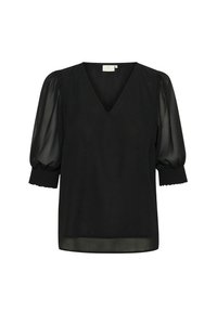 Zwarte blouse met een V-hals, voorzien van doorschijnende pofmouwen en gerimpelde manchetten, gestructureerde pasvorm, gladde textuur en een lichtgewicht ontwerp.