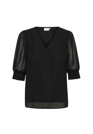 Sort bluse med V-hals, der har gennemsigtige pufærmer og smockede manchetter, struktureret facon, glat tekstur og let design.