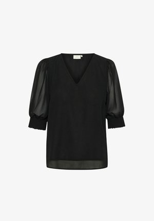 Fekete blúz V-nyakkal, átlátszó puff ujjakkal és ráncolt mandzsettákkal, strukturált forma, sima textúra és könnyű kialakítás.