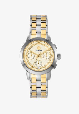 Reloj de metal en tonos dorado y plateado con un dial amarillo texturizado, tres sub-diales y una ventana de fecha, presentando un diseño de pulsera entrelazada.