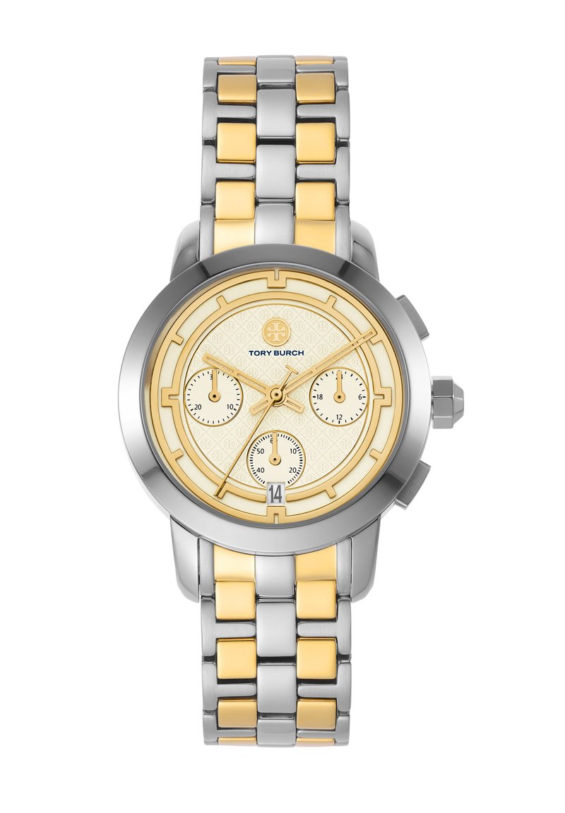 Reloj de metal en tonos dorado y plateado con un dial amarillo texturizado, tres sub-diales y una ventana de fecha, presentando un diseño de pulsera entrelazada.