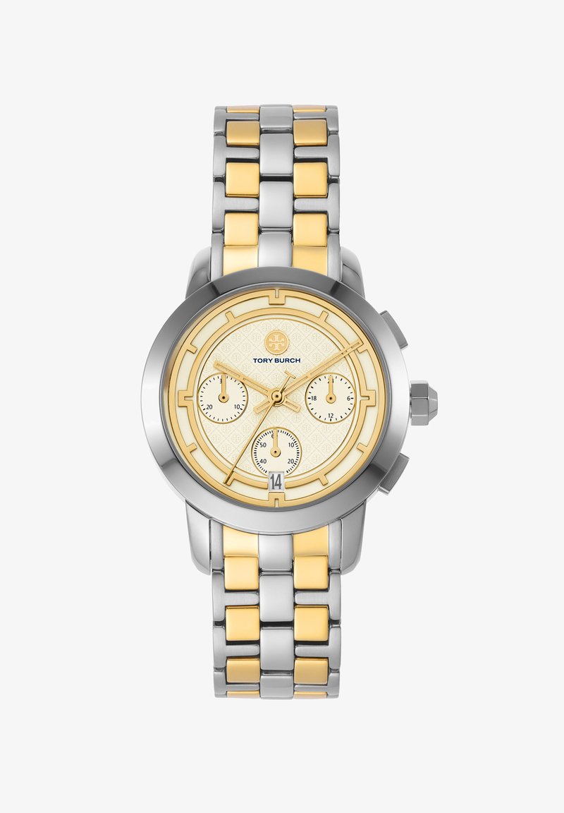 Orologio in metallo dorato e argentato con quadrante giallo testurizzato, tre sottodial e una finestra del calendario, caratterizzato da un design a bracciale collegato.