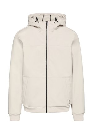 Veste à capuche beige clair avec une fermeture éclair à l'avant, deux coutures horizontales au niveau de la poitrine et des poignets côtelés. Équipée de cordons de réglage pour la capuche.