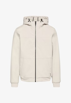 Giacca a cappuccio beige chiaro con zip frontale, due cuciture orizzontali sul petto e polsini a costine. Presenta coulisse regolabili per il cappuccio.