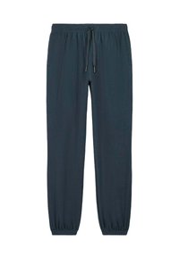 Donkergrijze joggingbroek met elastische tailleband, verstelbaar koord, zijzakken en elastische boorden bij de enkels.