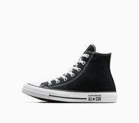 Sneaker alta nera in tela con punta e suola in gomma bianca, dotata di occhielli metallici e lacci bianchi. Presente il logo "Converse All Star".