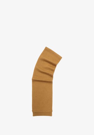 Brown knitted arm warmer with a smooth texture, slightly tapered design, and a subtle stitched logo detail at the bottom.