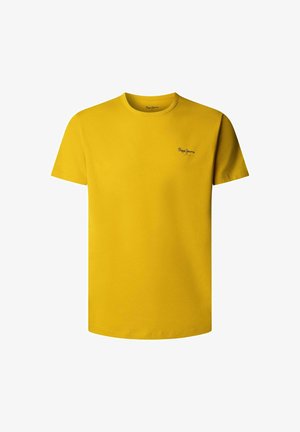 Kollane lühikeste varrukatega T-särk ümara kaelusega, millel on vasakul rinnal väike must "Pepe Jeans London" logo.