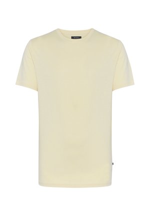 Vaaleankeltainen lyhythihainen T-paita pehmeästä ja sileästä kankaasta. Pyöreä pääntie ja suora leikkaus ilman kuvioita tai koristeluja.