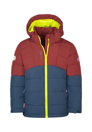 Child's padded winter jacket with red upper, blue lower sections, bright yellow zipper and hood lining, and Norwegian flag patches on sleeves.
