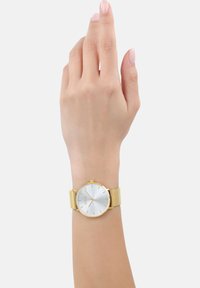 Gouden mesh horloge met een ronde zilveren wijzerplaat, minimalistische uur markers en een dunne bezel. Draagt aan een hand met een natuurlijke afwerking.