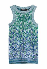 Top senza maniche con motivo a maglia in tonalità di verde e blu, con scollatura e orlo a trama. Etichetta del marchio visibile all'interno.