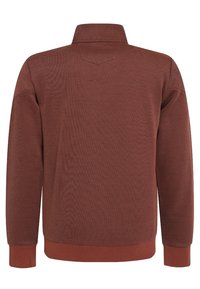 Brauner Pullover mit Kragen, strukturierter Stoff, gerippte Bündchen und Saum sowie einem schlichten Rückendesign.