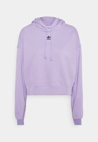 Lila, kurz geschnittene Kapuzenjacke aus weichem Baumwollmaterial, mit einer Kordelzugkapuze und schwarzem Adidas-Logo auf der Brust. Lange Ärmel mit gerippten Bündchen.