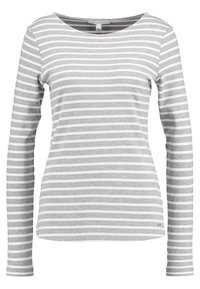 Maglietta a maniche lunghe in grigio e bianco a righe, realizzata in tessuto morbido. Presenta un colletto rotondo e maniche aderenti.