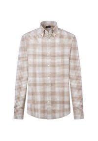 Camisa de botones hecha de una tela ligera, con un patrón de cuadros en beige y marrón, mangas largas y cuello extendido.