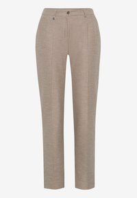 Pantalon beige à jambes droites avec plis sur le devant, passants pour ceinture et fermeture par bouton, présenté sur un fond blanc uni.