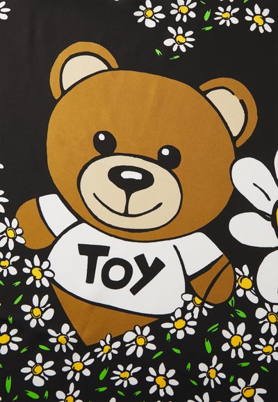 Brown teddy bear graphic on a black background, wearing a white shirt with "TOY" text. Surrounded by daisy flowers and green leaves.