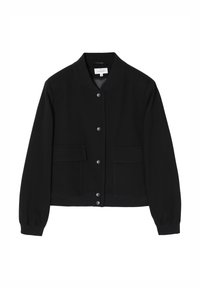 Černá bomber bunda vyrobená z měkké tkaniny, s dlouhými rukávy, dvěma předními kapsami, zapínáním na patentky a žebrovanými manžetami a spodním lemem.