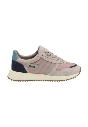 Gola sneakers feature a pink and beige suede upper with mesh accents, a textured navy heel, and a ridged rubber sole.