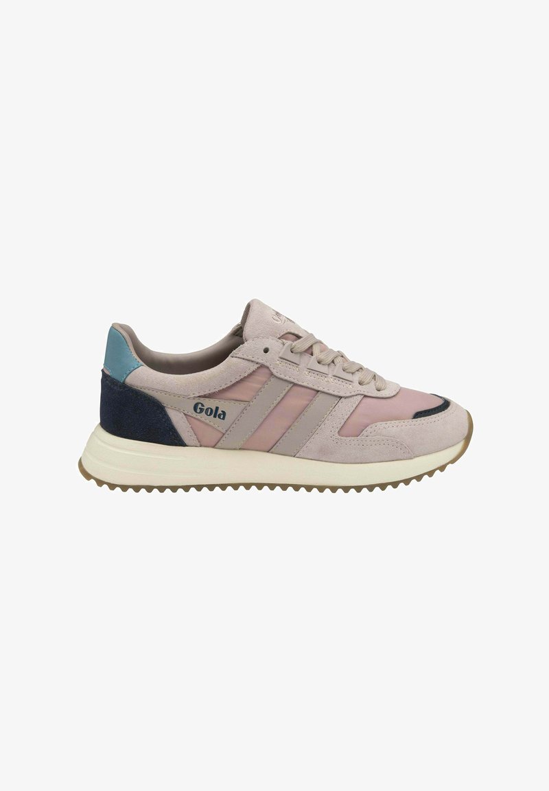 Gola-sneakers har en överdel i rosa och beige mocka med meshdetaljer, en texturerad marinblå klack och en gummerad sula med räfflor.