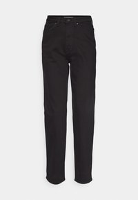 Jeans de mezclilla negra con un diseño de pierna recta, cinco bolsillos, pasadores para cinturón y un clásico cierre de botón y cremallera. Textura de tela duradera.