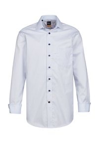 Hellblaues Langarmhemd mit feinem Streifenmuster. Verfügt über einen Button-Down-Kragen, eine Brusttasche und kontrastierende dunkle Knöpfe.