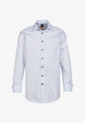 Hellblaues Langarmhemd mit feinem Streifenmuster. Verfügt über einen Button-Down-Kragen, eine Brusttasche und kontrastierende dunkle Knöpfe.