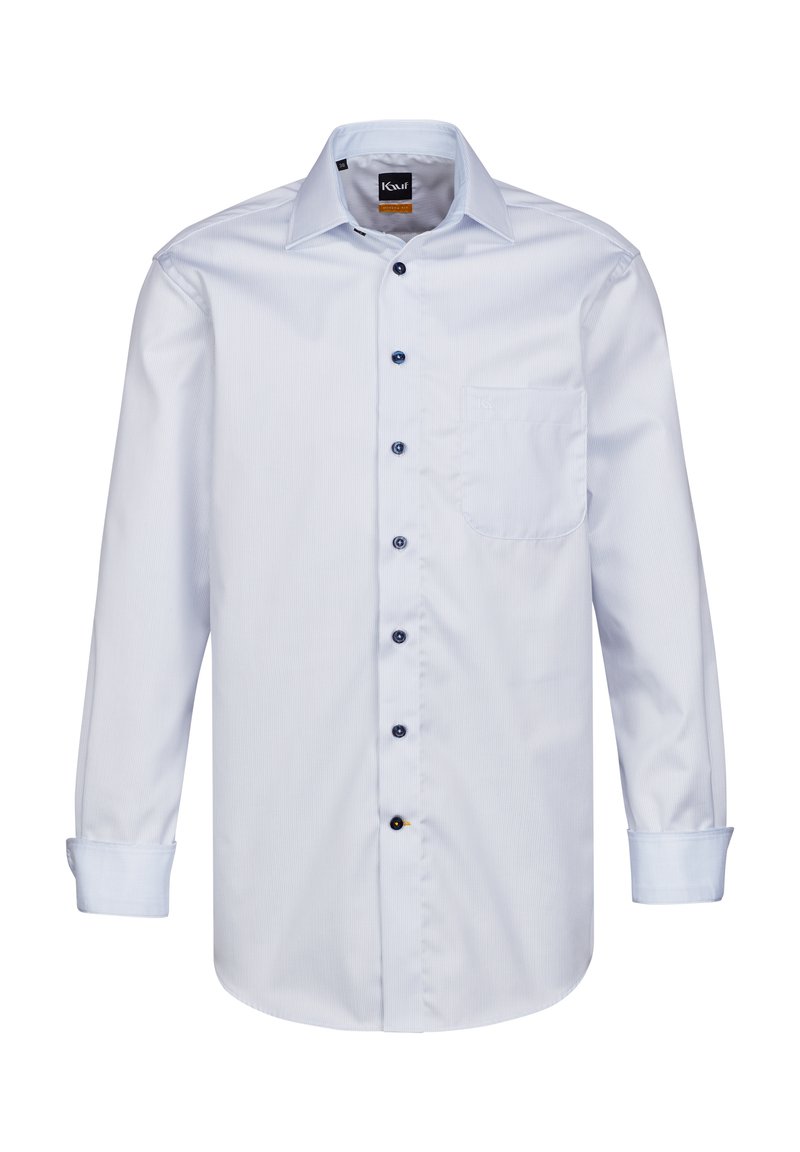 Hellblaues Langarmhemd mit feinem Streifenmuster. Verfügt über einen Button-Down-Kragen, eine Brusttasche und kontrastierende dunkle Knöpfe.