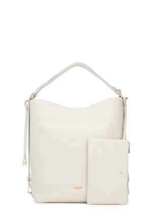 Duża biała skórzana torba na ramię z falistym górnym wykończeniem i odpinaną kosmetyczką. Posiada złote okucia i minimalistyczne logo.