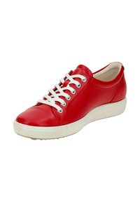 Red leather sneaker with white laces and eyelets. Rounded toe, smooth texture, white rubber sole, and minimalistic design.