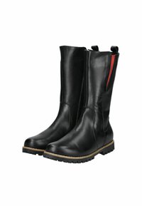 Black leather boots with a round toe, smooth finish, side zip, and textured rubber sole; features a red accent strip at the top.