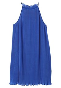 Robe plissée bleue avec un col haut, un ourlet volanté et des bretelles fines. Fabriquée en tissu léger, elle présente une silhouette fluide.