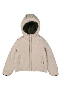 Giacca puffer beige con cappuccio, dotata di una fodera interna verde e due tasche laterali. Texture liscia con design trapuntato.