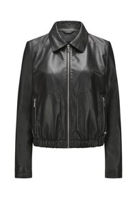 Schwarze Lederjacke mit Kragen, Frontreißverschluss und zwei Seitentaschen. Verfügt über einen gerafelten Saum und eine glatte Textur.