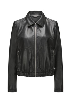 Schwarze Lederjacke mit Kragen, Frontreißverschluss und zwei Seitentaschen. Verfügt über einen gerafelten Saum und eine glatte Textur.