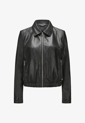 Schwarze Lederjacke mit Kragen, Frontreißverschluss und zwei Seitentaschen. Verfügt über einen gerafelten Saum und eine glatte Textur.