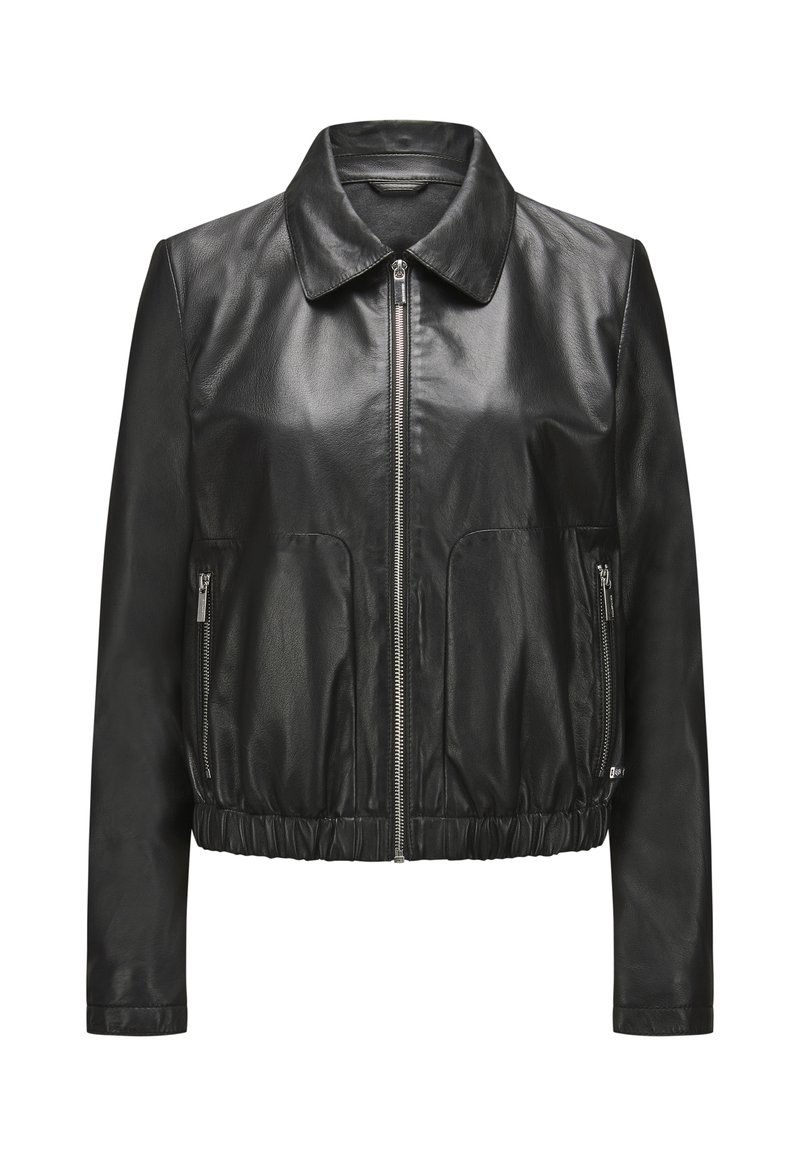 Schwarze Lederjacke mit Kragen, Frontreißverschluss und zwei Seitentaschen. Verfügt über einen gerafelten Saum und eine glatte Textur.